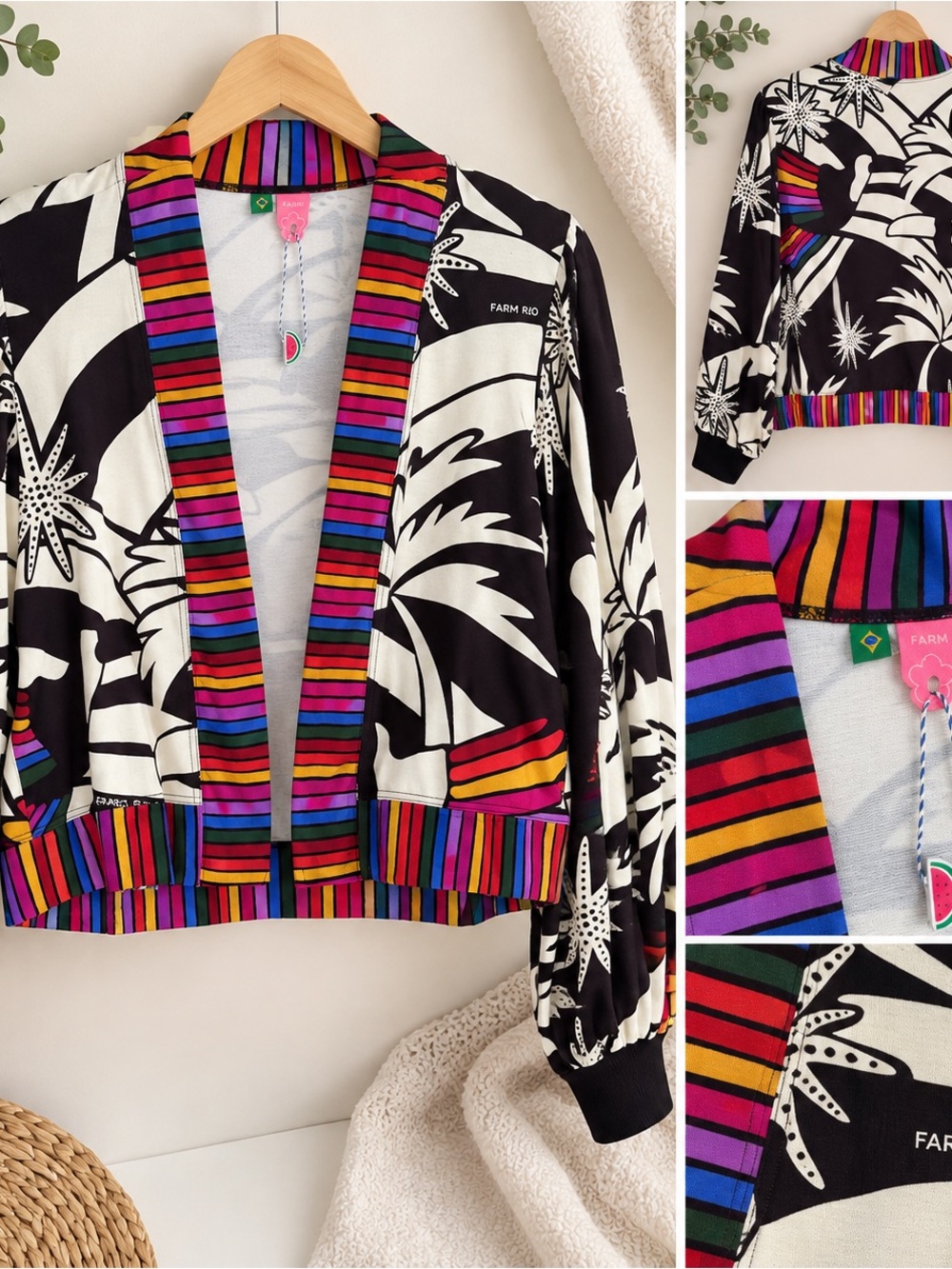 FARM Rio Black & Cream Botanical Cropped Bomber with Rainbow Trim sz small